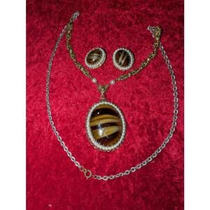 Vintage W Germany Brown Gold Tone Pendant Necklace with Matching Earrings Set